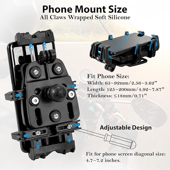 EMERK Motorcycle Phone Mount - Anti-Shake Phone Holder with Vibration Dampener Fits 4.7''-7.2'' Smartphones, Adjustable Heavy-Duty Handlebar Mount for Bike Bicycle Scooter ATV (0.5''-1.3'' Handlebars)