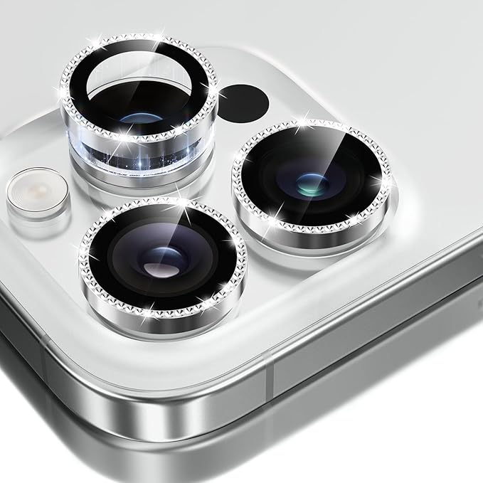 GolbinBox Camera Lens Protector for iPhone 14 Pro/14 Pro Max, 1:1 Invisible Fit, 9H Tempered Glass Ultra HD Metal Individual Camera Cover for Women, Case Friendly, Bling/Silver