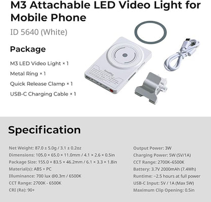 SmallRig M3 Magnetic Selfie Phone Light with Clip, 120 LEDs 2000mAh Rechargeable, 2700K-6500K, Portable Content Creators Fill Light for Video Recording, for iPhone/Laptop/Camera/Webcam (White) - 5640