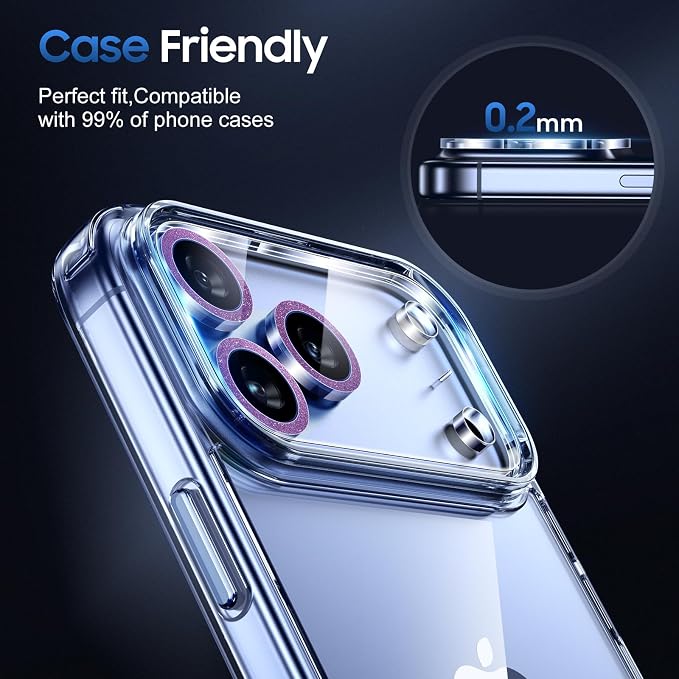 UniqueMe Compatible for 3 Pack iPhone 17 Pro Camera Lens Protector - [Drop Protection] [Case Friendly] 9H Tempered Glass Camera Cover Screen [Update New Version] - Glitter Dark Purple