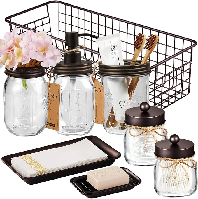 SheeChung 8PCS Bathroom Accessories Set Complete - Soap Dispenser, Mason Jar Toothbrush Holder, 2pcs Qtip Holders, Flower Vase, Soap Holder, Vanity Tray, Toilet Paper Storage, Glass Gift Set - Bronze