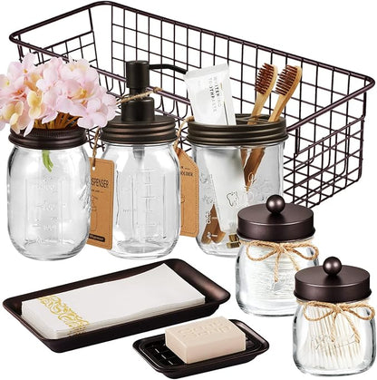 SheeChung 8PCS Bathroom Accessories Set Complete - Soap Dispenser, Mason Jar Toothbrush Holder, 2pcs Qtip Holders, Flower Vase, Soap Holder, Vanity Tray, Toilet Paper Storage, Glass Gift Set - Bronze