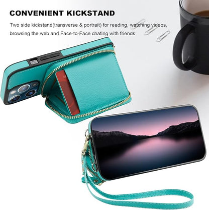 Bocasal RFID Blocking Wallet Case for iPhone 13 Pro, Adjustable Crossbody Zipper Purse Case Card Holder with Kickstand Detachable Wrist Strap, PU Leather Flip Folio Case 6.1 Inch 5G (Mint Green)