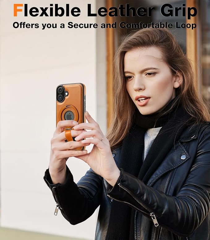 for iPhone 16 Leather Case with Stand, Anti-Slip Grip Ring, Fits for MagSafe (Brown, iPhone 16)