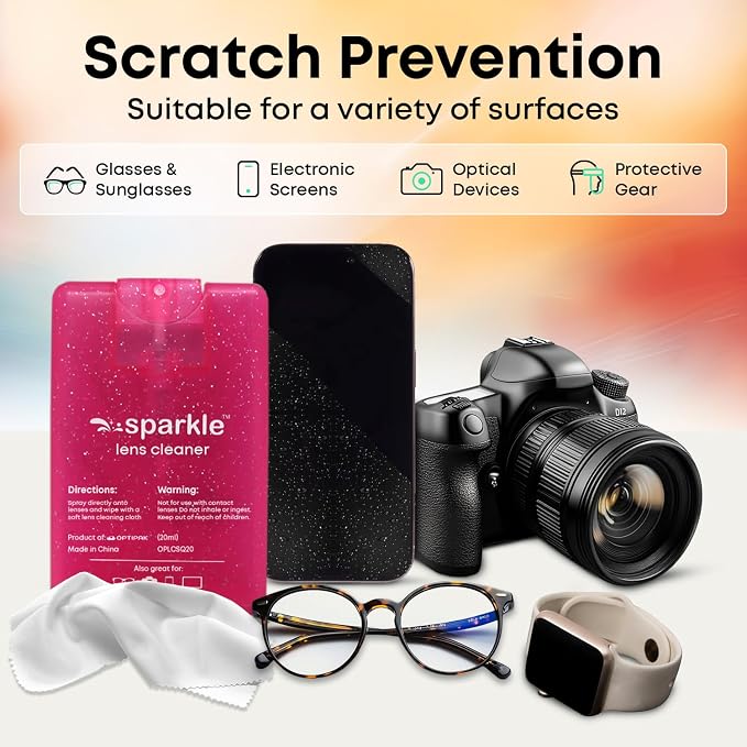 Sparkle Anti-Reflective Safe Square Lens Cleaner Spray Kit – 4 (20ml) Glasses Cleaner Spray with Microfiber Cloths & Travel Pouch for Eyeglasses, Lenses & Camera Cleaning Kit (9 Piece Set)