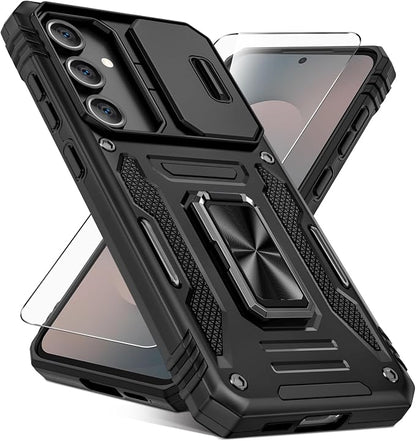 Caka for Samsung Galaxy S25 FE Case [HD Screen Protector] [Full Camera Lens Cover] [360°Rotated Kickstand Ring] [Heavy Duty Protection] Hard Rugged Protective Phone Cover for S25 FE - Black