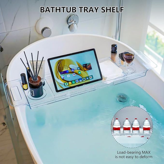 Expandable Bathtub Tray (22-31") - Transparent Bath Caddy with Non-Slip Pads, Adjustable Spa Table for Wine, Books & Phone, Perfect Housewarming for Women