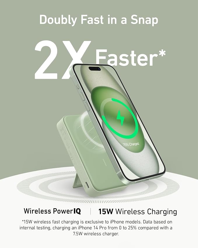 Anker MagGo Power Bank, Qi2 Certified 15W Ultra-Fast MagSafe-Compatible Portable Charger, 10,000mAh Battery Pack with Smart Display and Foldable Stand, For iPhone 15/14/13/12 Only(USB-C Cable Include)