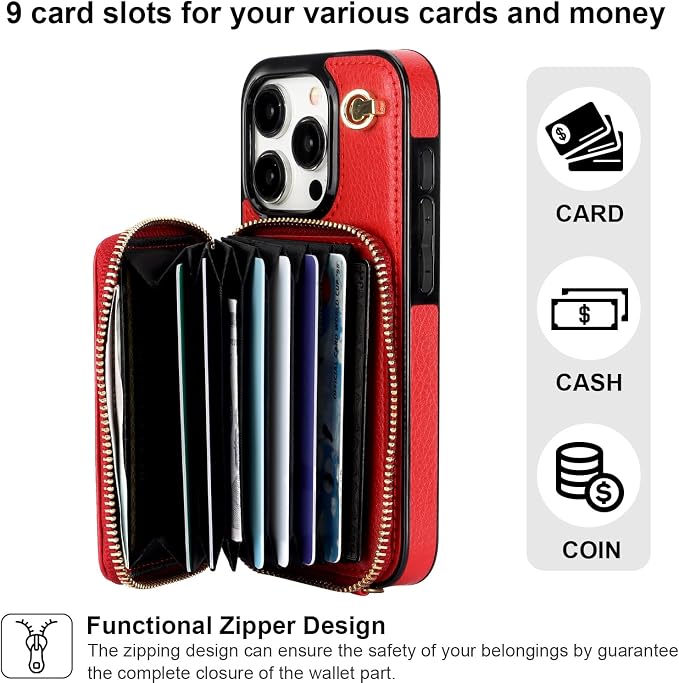 Bocasal Crossbody Wallet Case for iPhone 15 Pro, RFID Blocking Leather Purse Case with Card Holder, Protective Handbag Flip Cover with Zipper Wrist Strap Lanyard for Women 5G 6.1 Inch (Red)