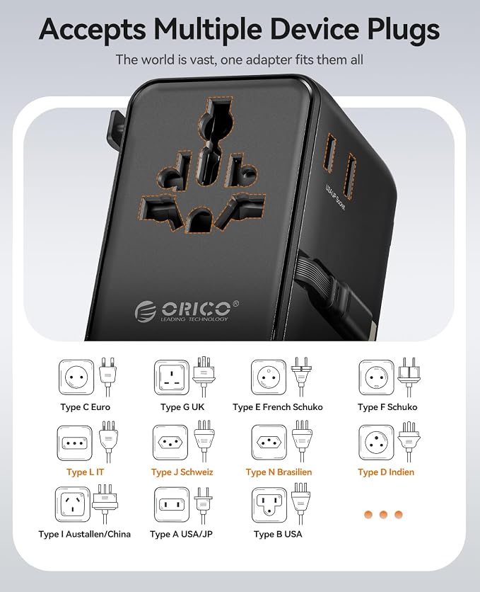 ORICO Universal Travel Adapter 100W GaN International Power Adapter | 7 in 1 (2 AC, 3 USB-C, 2 USB-A) European Travel Plug Adapter, Built-in Retractable USB-C Cable for Eu UK AU 200+ Countries