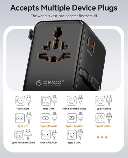 ORICO Universal Travel Adapter 100W GaN International Power Adapter | 7 in 1 (2 AC, 3 USB-C, 2 USB-A) European Travel Plug Adapter, Built-in Retractable USB-C Cable for Eu UK AU 200+ Countries