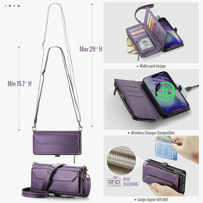 Strapurs Wallet Case Compatible with iPhone 17 Pro 6.3" RFID Blocking 9-Card Holder Soft PU Leather Magnetic Snap Shoulder Strap Zipper Pocket Phone Case Fit for iPhone 17 Pro for Women - Purple