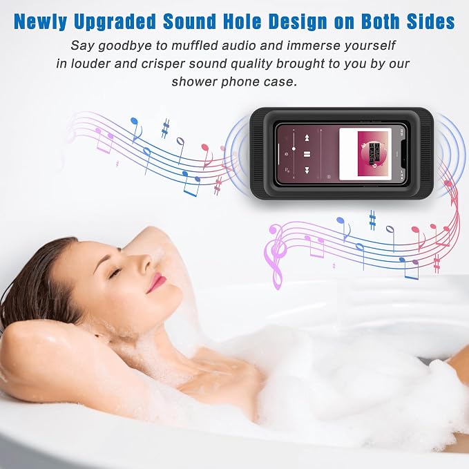 Waterproof Shower Phone Holder with 480° Rotation | Enhanced Sound Quality | Adjustable Arm Stand | Fits up to 7" Screens(Black)