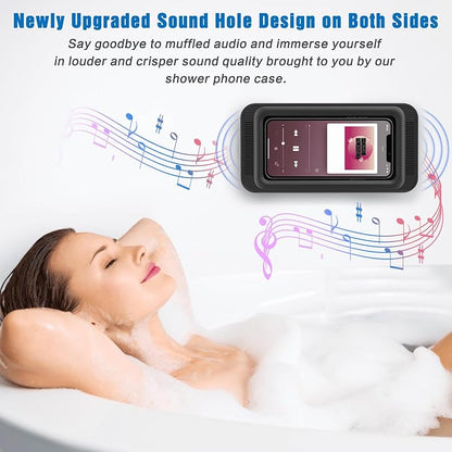 Waterproof Shower Phone Holder with 480° Rotation | Enhanced Sound Quality | Adjustable Arm Stand | Fits up to 7" Screens(Black)