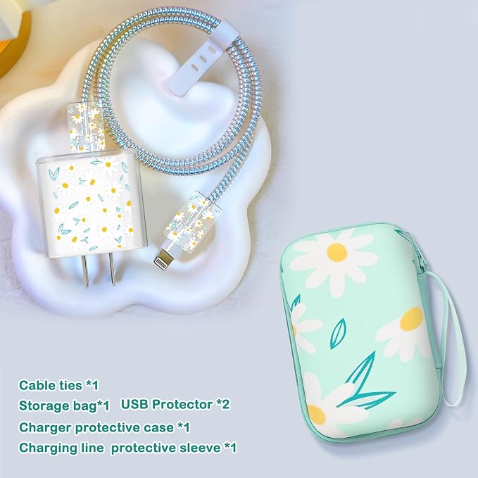 Phone Charger Case Storage Set with Chrysanthemum Cable Protector with Carrying Cable Case Bag,Cord Organizer, USB Earphone Wire Saver Organizer Charger Protector for iPhone (Blue Chrysanthemum)