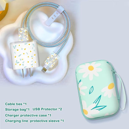 Phone Charger Case Storage Set with Chrysanthemum Cable Protector with Carrying Cable Case Bag,Cord Organizer, USB Earphone Wire Saver Organizer Charger Protector for iPhone (Blue Chrysanthemum)