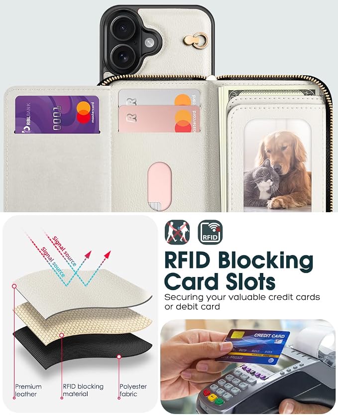 OCASE Compatible with iPhone 16 Crossbody Wallet Case with Card Holder, PU Leather Zipper Handbag Phone Purse with RFID Blocking Kickstand Wrist Strap Lanyard 6.1 Inch, Cream