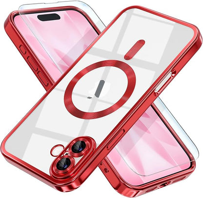 Misea Magnetic for iPhone 17 Case Compatible with MagSafe [Never Yellowing] [Military Grade Drop Protection] Full Camera Lens Protector Plating Soft Clear Phone Case for Women, Red