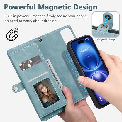 Wallet Case for iPhone 16 with Card Holder/Crossbody Wallet/Strap| RFID Blocking | Magnetic | Kickstand | Detachable | PU Leather Phone Case for iPhone 16,6.1 in,Blue