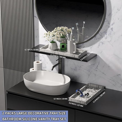 BBK Bathroom Vanity Tray 11.8 in- 2 Pack(Large) Silicone Bathroom Tray for Counter, Perfume Key Trinket Ring Tray, Decor Soap Dispenser Countertop Tray for Kitchen Sink Organization(Faux Marble Look)
