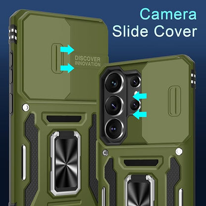 DEERLAMN Case for Samsung Galaxy S26 Ultra 6.9-Inch with Slide Camera Cover+Screen Protector(1 Pack), Rotated Ring Kickstand Military Grade Shockproof Protective Cover-Olive Green
