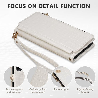 Crossbody Wallet Case for Samsung Galaxy S26 Ultra with Mirror, Wrist Strap, Zipper Purse Magnetic Flip, RFID Blocking Card Holder, PU Leather Shockproof Women (White)