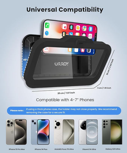 URROY Shower Phone Holder Waterproof One-Touch Open Shower Phone Case Anti-Fog & Sensitive Touchscreen Bathroom Wall Phone Mount Stand Universal Fit for iPhone & Smartphones Gift for Men Women Black