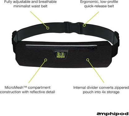Amphipod AirFlow MicroStretch Plus Belt, Ultra-Light Minimalist Runners Waist Pack Bag for Running & Walking, Men & Women - Black/Silver - XL