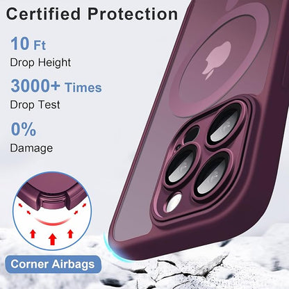 ROYBENS for iPhone 13 Pro Matte Clear Case Compatible with Magsafe, Full Camera Lens Protection, Screen Protector, Wrist Strap, Translucent Magnetic Slim Hard Protective Phone Cover, Wine-Red