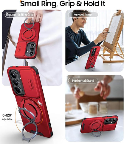 JAME for Samsung Galaxy S26+ Plus Case, Ring Holder Stand Kickstand, Slide Camera Cover with Screen Protector, Dual-Layer Shockproof Protective, Magnetic Accessory Friendly S26 Plus Phone Case, Red