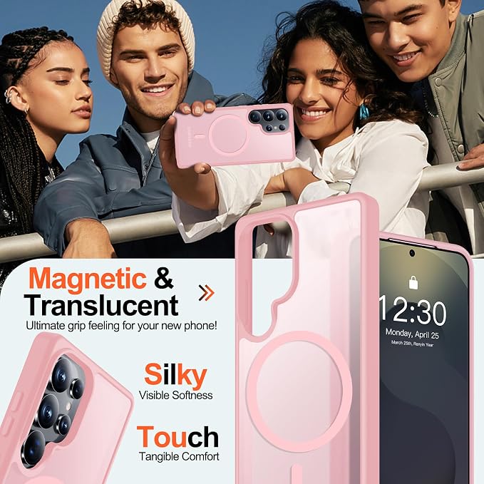 MOZOTER for Samsung Galaxy S25 Ultra Case,[Compatible with MagSafe] Black | [2*Screen Protector][12Ft Military Dropproof]Translucent Anti-Slip Back Slim Shockproof Case for S25 Ultra-Pink