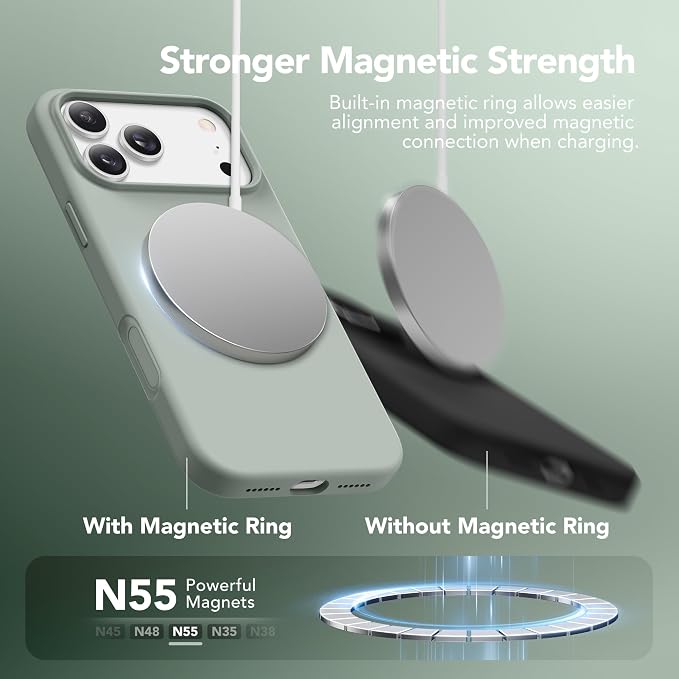 GONEZ Magnetic for iPhone 17 Pro Max Case, Compatible with MagSafe, [Screen Protector + Camera Lens Protector], Liquid Silicone Anti-Scratch Shockproof Protective Phone Case 6.9 inch, Calke Green