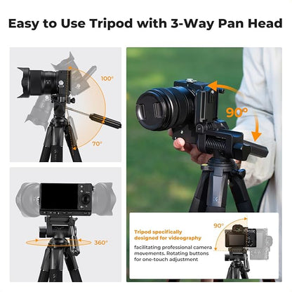 K&F CONCEPT Camera Tripod, 75" Lightweight Portable Travel Outdoor DSLR Tripods for Camera Phone Video Recording Tripod Stand, Cellphone Clip for Smartphone Live Streaming Vlog (Bronze Gold, 75'')