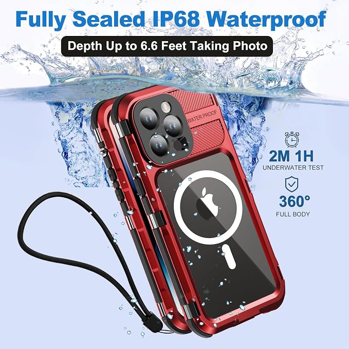WIFORT for iPhone 14 Pro Waterproof Case - Metal Heavy Duty Full Body Protective Cover Built-in Screen Protector, IP68 Water Proof Military Grade Shockproof Rugged Drop Defender Phone case 6.1" Red