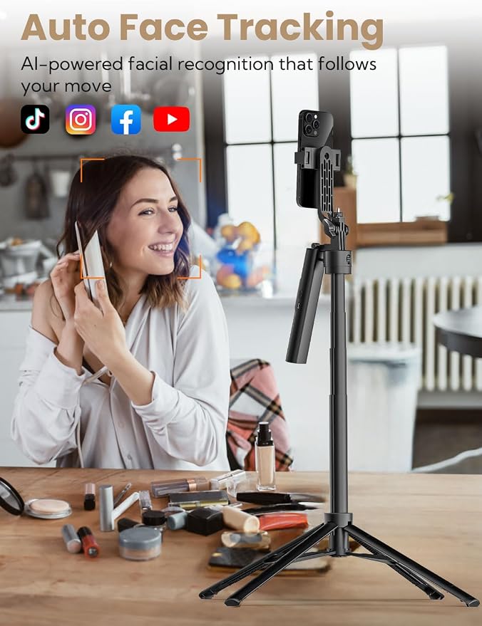USKEYVISION Auto Face Tracking Tripod for iPhone 360°Rotation,Selfie Stick for Android w/Remote&Ground Spike,68” Phone Tripod Stand that Follows Your Movement for Video Recording,Vlogging(R01)