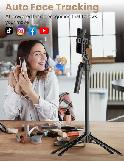 USKEYVISION Auto Face Tracking Tripod for iPhone 360°Rotation,Selfie Stick for Android w/Remote&Ground Spike,68” Phone Tripod Stand that Follows Your Movement for Video Recording,Vlogging(R01)