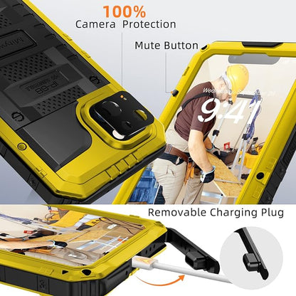 Mitywah Waterproof Case for iPhone 14, Heavy Duty Shockproof Case with Built-in Screen Protector, Full Body Underwater Protective Metal Case 6.1 inch, Yellow
