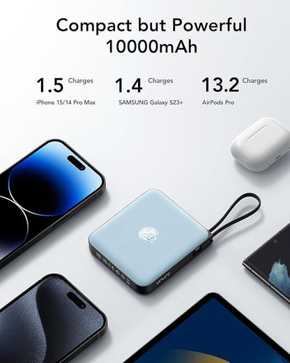 VRURC Portable Charger for iPhone with Built-in Cable, 10000mAh 22.5W Fast Charging USB C Battery Pack, Cell Phone Power Bank for iPhone 17 16 15 & Other Series (Blue)