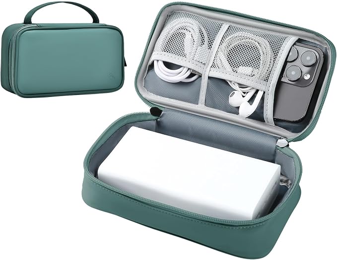Portable Charger Organizer Travel Case Shockproof Power Bank case for Anker/Jackery/RAV/20000/30000mAh Power Bank Leather Electronic Case for PowerCore (Deep Green, Single Layer-Large)