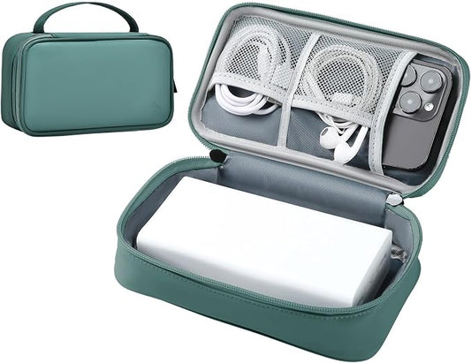 Portable Charger Organizer Travel Case Shockproof Power Bank case for Anker/Jackery/RAV/20000/30000mAh Power Bank Leather Electronic Case for PowerCore (Deep Green, Single Layer-Large)