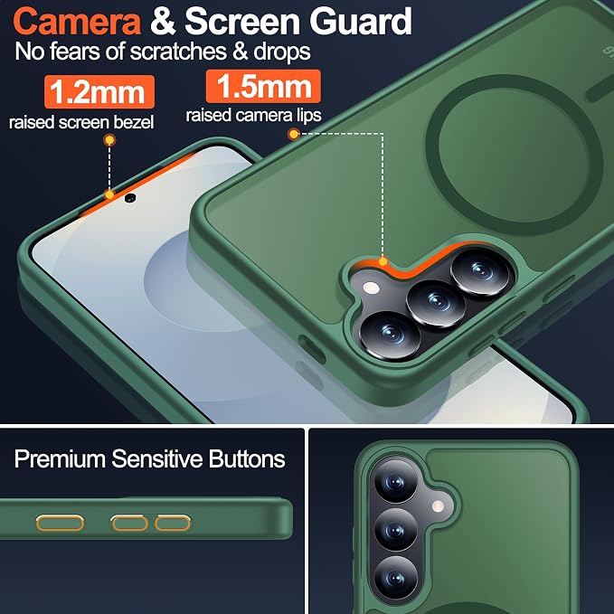 MOZOTER for Samsung Galaxy S25 Case with Magnetic,[Compatible with MagSafe][15Ft Military Dropproof][2*Screen Protector] Translucent Matte Anti-Slip Back Slim Shockproof Case for S25,6.2"(Green)