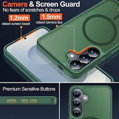 MOZOTER for Samsung Galaxy S25 Case with Magnetic,[Compatible with MagSafe][15Ft Military Dropproof][2*Screen Protector] Translucent Matte Anti-Slip Back Slim Shockproof Case for S25,6.2"(Green)