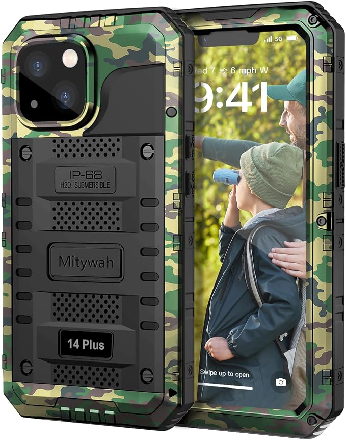 Mitywah Waterproof Case for iPhone 14 Plus, Heavy Duty Shockproof Case with Built-in Screen Protector, Full Body Underwater Protective Metal Case 6.7 inch, Camouflage