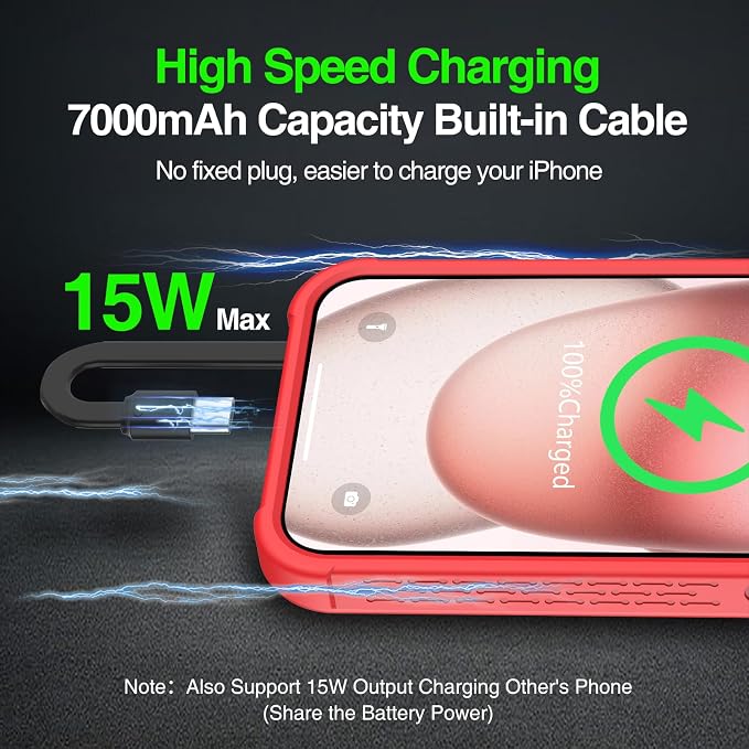 GIN FOXI Battery Case for iPhone 15/15 Pro, Rechargeable Charing Cases 7000mAh Portable Juice Box Fast Charger Cover Battery Pack for iPhone 15/15 Pro Built-in Cable, Red (6.1”)