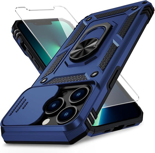 Weycolor for iPhone 13 Pro Case with Camera Lens Cover, HD Screen Protector, 10 FT Military Grade Drop Protection, Magnetic Ring Holder Kickstand Protective Phone Case for iPhone 13 Pro, Navy Blue