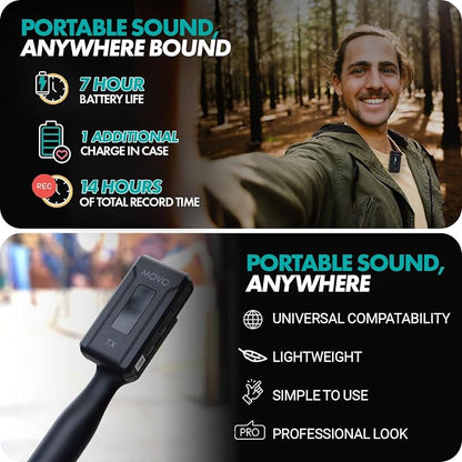 Movo WMX-2 Wireless Lavalier Microphone Lapel Mic with Charging Case and WMX-HM Handheld Adapter - Lav Mic, Lapel Microphone 2.4GHz for Camera, Vlogging, DSLR, and Content Creators
