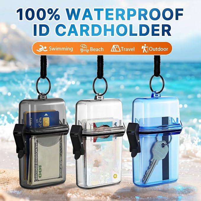 Outus 3 Pcs Waterproof ID Badge Holder Case with Waterproof Buckle Floating Sports Case Locker with Adjustable Hanging Rope Plastic Card Dry Box(Clear, Gray, Blue,4.72 x 2.95 x 1.57 in,Classic)