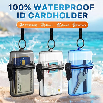 Outus 3 Pcs Waterproof ID Badge Holder Case with Waterproof Buckle Floating Sports Case Locker with Adjustable Hanging Rope Plastic Card Dry Box(Clear, Gray, Blue,4.72 x 2.95 x 1.57 in,Classic)