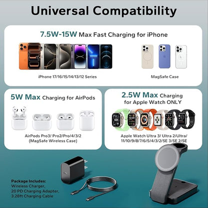 3 in 1 Foldable Wireless Charging Station for MagSafe, Nightstand Magnetic Charger Stand for iPhone 17 16 15 14 Pro Max, Travel Charging Dock with Night Light for Apple Watch/AirPods (Black)