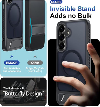 RMOCR for Samsung Galaxy S25 FE Case with Screen Protector+Lanyard Wrist Strap,Magnetic Translucent Matte Rugged Slim Phone Cover Built in Invisible Kickstand [Fit for MagSafe],2025 Black